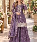 Purple silk blend readymade suit with embroidery & sequence work