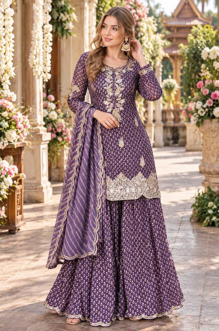 Purple silk blend readymade suit with embroidery & sequence work