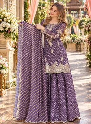 Purple silk blend readymade suit with embroidery & sequence work 2