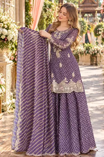 Purple silk blend readymade suit with embroidery & sequence work
