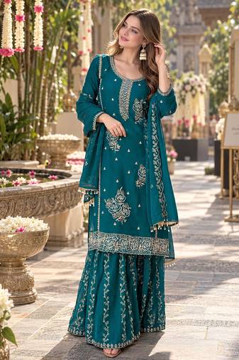 Teal georgette readymade suit with embroidery & sequence work