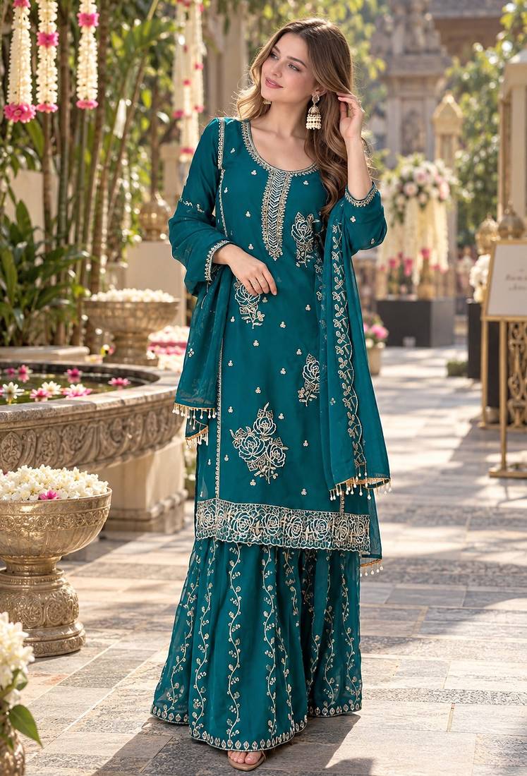 Teal georgette readymade suit with embroidery & sequence work