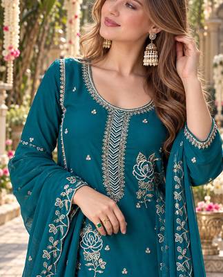 Teal georgette readymade suit with embroidery & sequence work 2