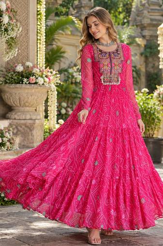 Rani georgette readymade navratri anarkali suit with kutchi patchwork