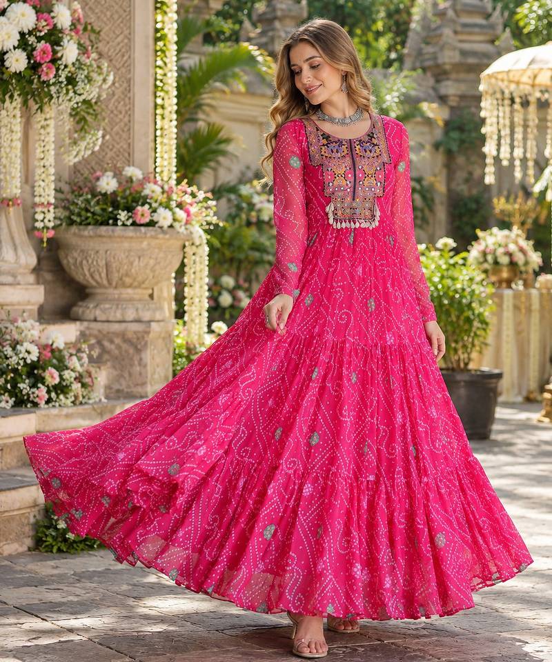 Rani georgette readymade navratri anarkali suit with kutchi patchwork