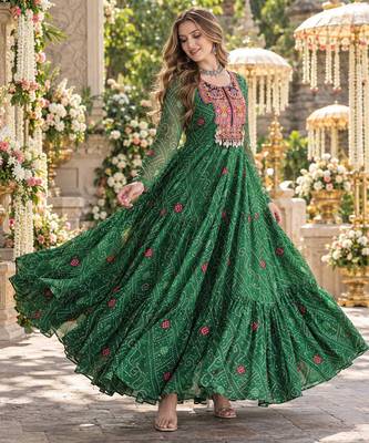 D green georgette readymade navratri anarkali suit with kutchi patchwork 1