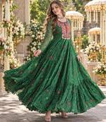 D green georgette readymade navratri anarkali suit with kutchi patchwork