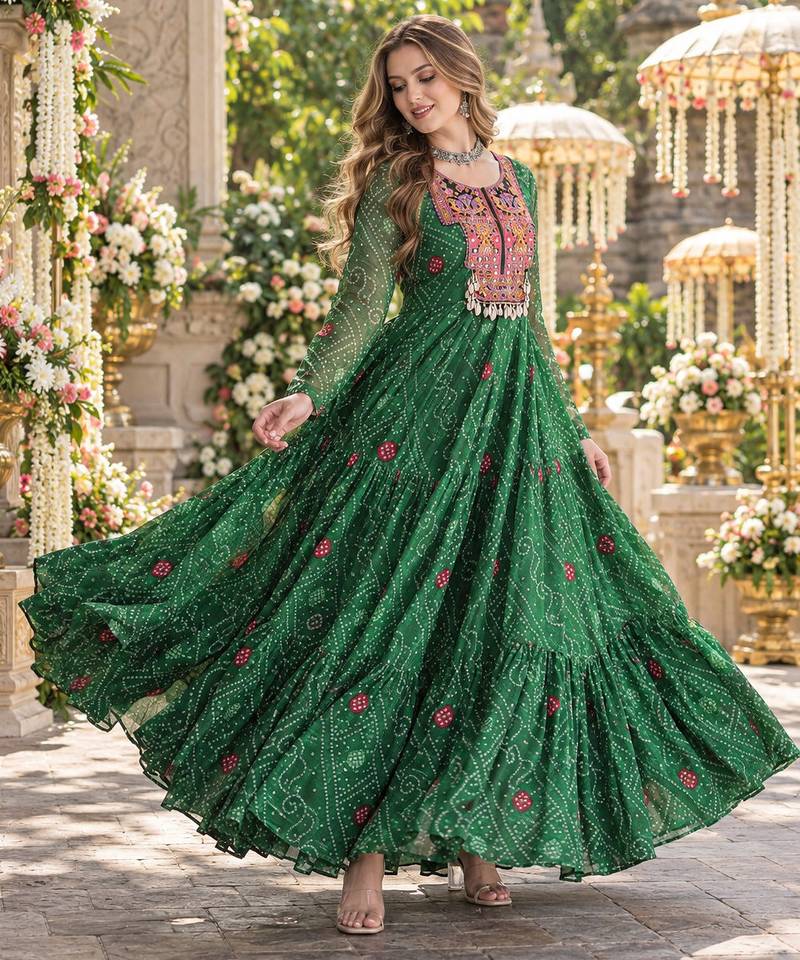 D green georgette readymade navratri anarkali suit with kutchi patchwork