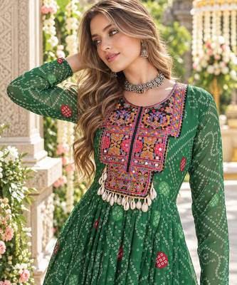 D green georgette readymade navratri anarkali suit with kutchi patchwork 2