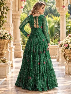 D green georgette readymade navratri anarkali suit with kutchi patchwork 3