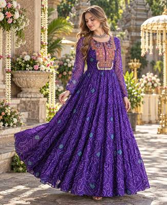 Violet georgette readymade navratri anarkali suit with kutchi patchwork 1