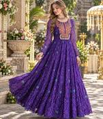 Violet georgette readymade navratri anarkali suit with kutchi patchwork