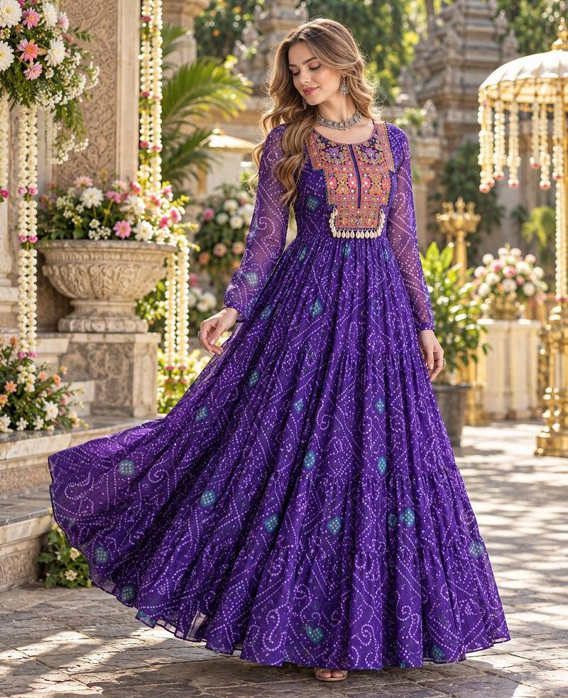 Violet georgette readymade navratri anarkali suit with kutchi patchwork