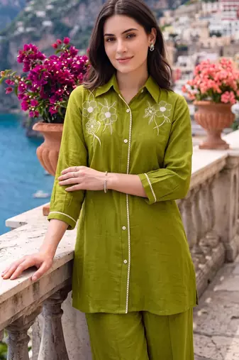 Green embroidered mal chanderi shirt style co-ord sets for women