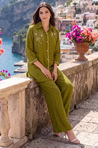 Green embroidered mal chanderi shirt style co-ord sets for women