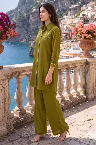 Green embroidered mal chanderi shirt style co-ord sets for women