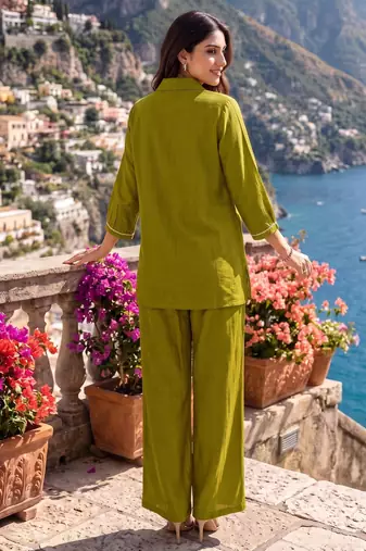 Green embroidered mal chanderi shirt style co-ord sets for women