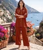 Oranage embroidered mal chanderi shirt style co-ord sets for women