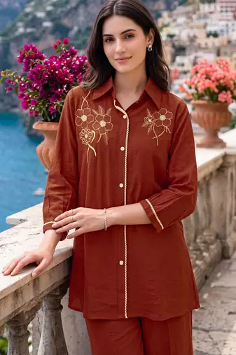 Oranage embroidered mal chanderi shirt style co-ord sets for women