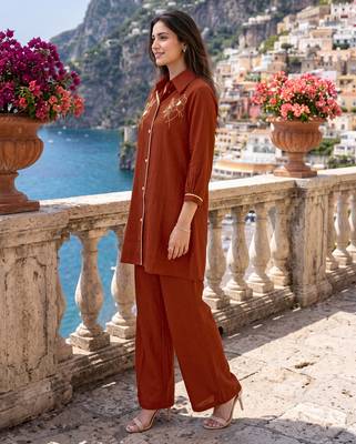 Oranage embroidered mal chanderi shirt style co-ord sets for women 3