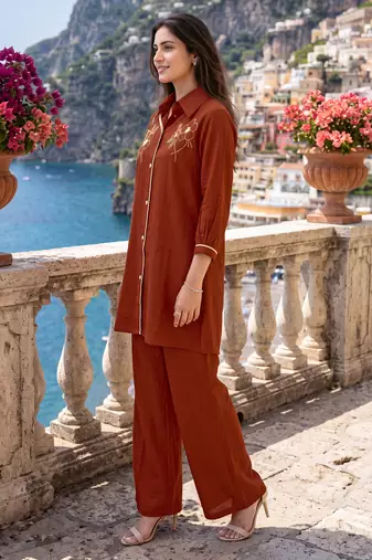 Oranage embroidered mal chanderi shirt style co-ord sets for women