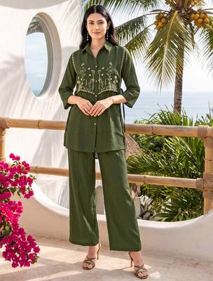 Green embroidered mal chanderi shirt style co-ord sets for women 1