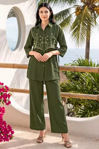 Green embroidered mal chanderi shirt style co-ord sets for women