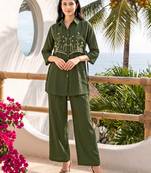 Green embroidered mal chanderi shirt style co-ord sets for women