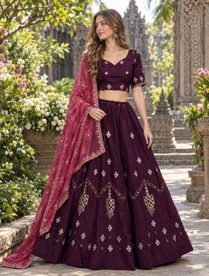 Wine Silk Blend Readymade Navratri Lehenga Choli with Thread & Sequence Work 1