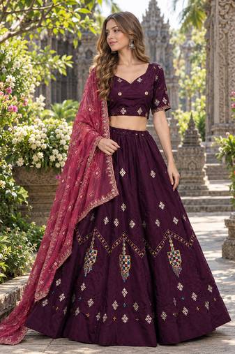 Wine Silk Blend Readymade Navratri Lehenga Choli with Thread & Sequence Work