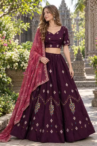 Wine Silk Blend Readymade Navratri Lehenga Choli with Thread & Sequence Work