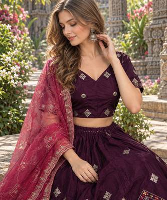 Wine Silk Blend Readymade Navratri Lehenga Choli with Thread & Sequence Work 2