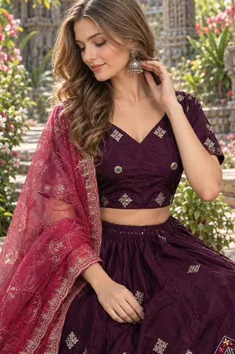 Wine Silk Blend Readymade Navratri Lehenga Choli with Thread & Sequence Work