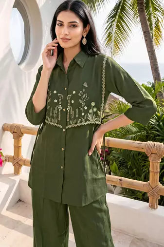 Green embroidered mal chanderi shirt style co-ord sets for women