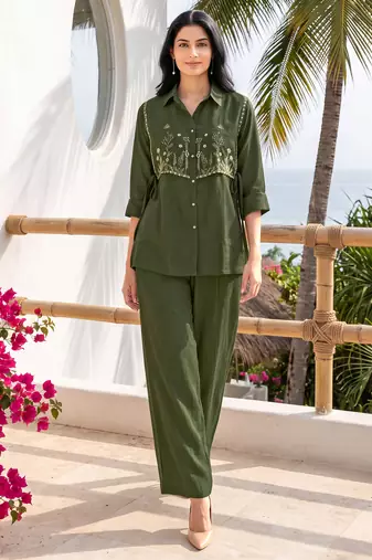 Green embroidered mal chanderi shirt style co-ord sets for women