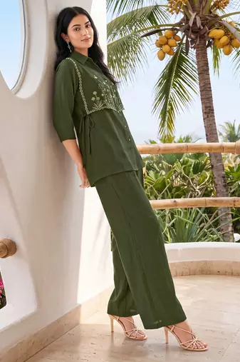 Green embroidered mal chanderi shirt style co-ord sets for women