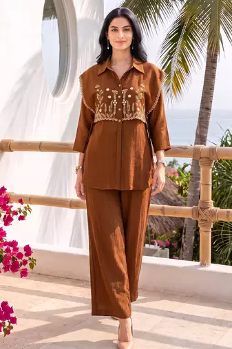 Coffee embroidered mal chanderi shirt style co-ord sets for women