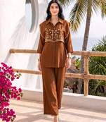 Coffee embroidered mal chanderi shirt style co-ord sets for women