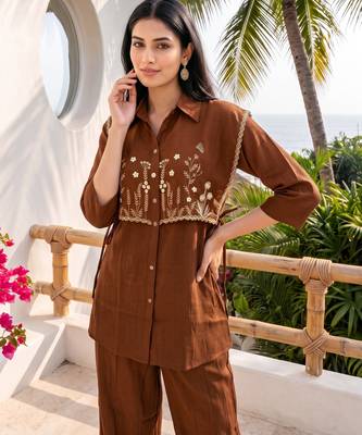 Coffee embroidered mal chanderi shirt style co-ord sets for women 2