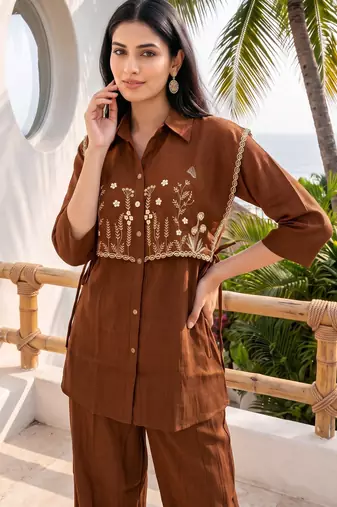 Coffee embroidered mal chanderi shirt style co-ord sets for women
