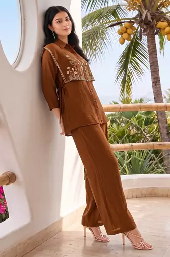Coffee embroidered mal chanderi shirt style co-ord sets for women