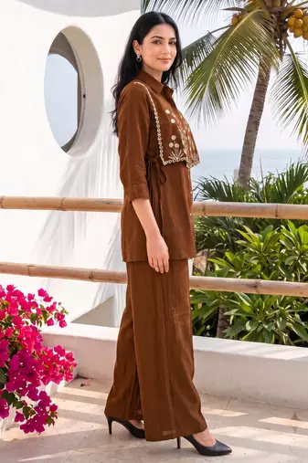 Coffee embroidered mal chanderi shirt style co-ord sets for women