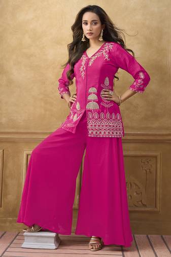 Pink chinnon cotton embroidered v-neck 2 piece set with circular palazzo for women