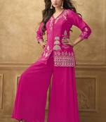 Pink chinnon cotton embroidered v-neck 2 piece set with circular palazzo for women