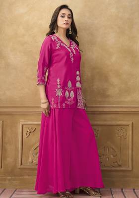 Pink chinnon cotton embroidered v-neck 2 piece set with circular palazzo for women 2