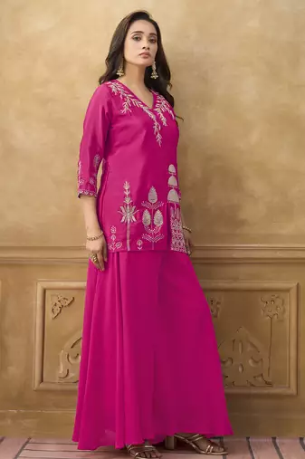 Pink chinnon cotton embroidered v-neck 2 piece set with circular palazzo for women
