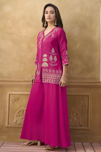 Pink chinnon cotton embroidered v-neck 2 piece set with circular palazzo for women
