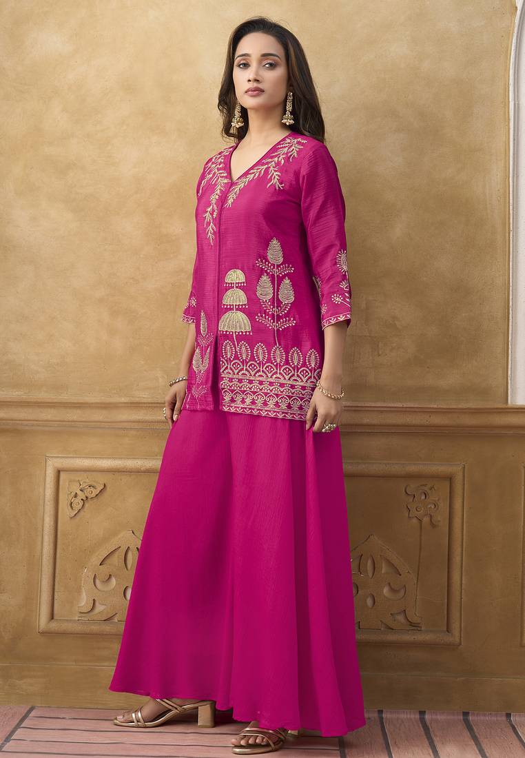 Pink chinnon cotton embroidered v-neck 2 piece set with circular palazzo for women
