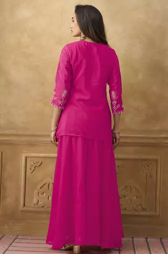 Pink chinnon cotton embroidered v-neck 2 piece set with circular palazzo for women