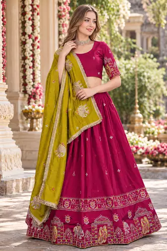 Pink Silk Blend Readymade Navratri Lehenga Choli with Thread & Sequence Work